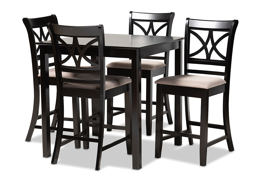 baxton studio chandler modern and contemporary sand fabric upholstered and espresso brown finished wood 5 piece counter height pub dining set | Modish Furniture Store-2