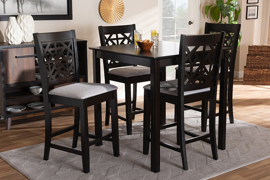 Baxton Studio Devon Modern and Contemporary Grey Fabric Upholstered and Espresso Brown Finished Wood 5-Piece Pub Dining Set | Modishstore | Dining Sets