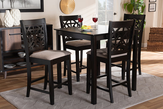 Baxton Studio Devon Modern and Contemporary Sand Fabric Upholstered and Espresso Brown Finished Wood 5-Piece Pub Dining Set | Modishstore | Dining Sets