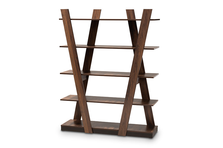 baxton studio michio modern and contemporary walnut brown finished 5 tier wood geometric living room display shelf | Modish Furniture Store-2