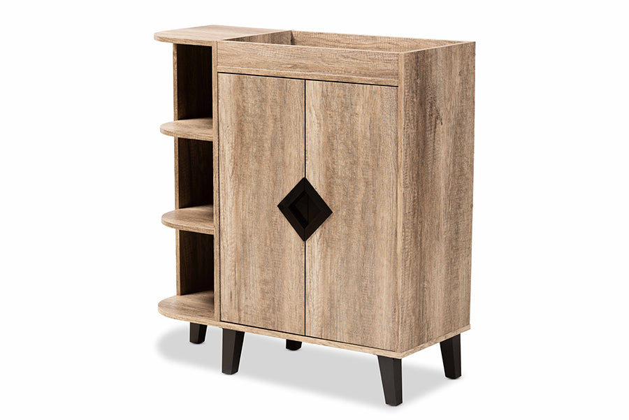baxton studio wales modern and contemporary rustic oak finished wood 2 door shoe storage cabinet with open shelves | Modish Furniture Store-2