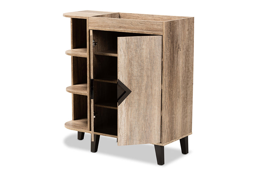 baxton studio wales modern and contemporary rustic oak finished wood 2 door shoe storage cabinet with open shelves | Modish Furniture Store-3