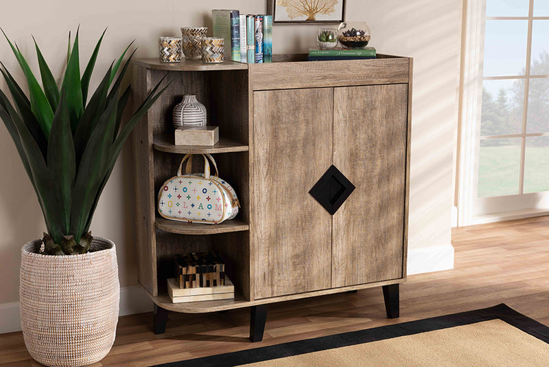 Baxton Studio Wales Modern and Contemporary Rustic Oak Finished Wood 2-Door Shoe Storage Cabinet with Open Shelves | Modishstore | Cabinets