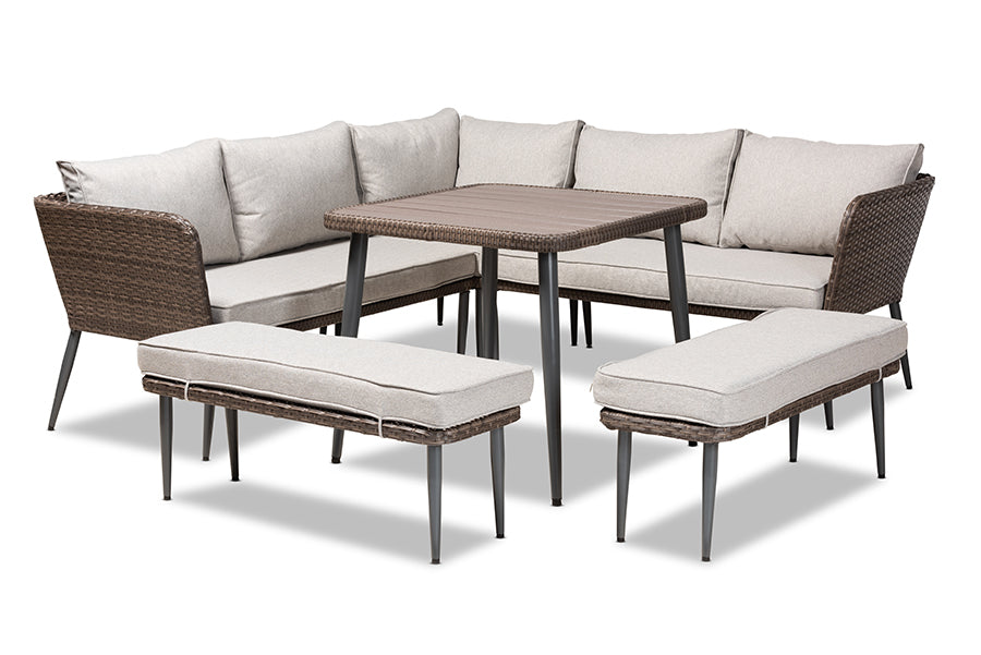 baxton studio lillian modern and contemporary light grey upholstered and brown finished 5 piece woven rattan outdoor patio set | Modish Furniture Store-2