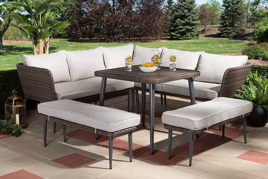 Baxton Studio Lillian Modern and Contemporary Light Grey Upholstered and Brown Finished 5-Piece Woven Rattan Outdoor Patio Set | Modishstore | Outdoor Sofas, Loveseats & Sectionals