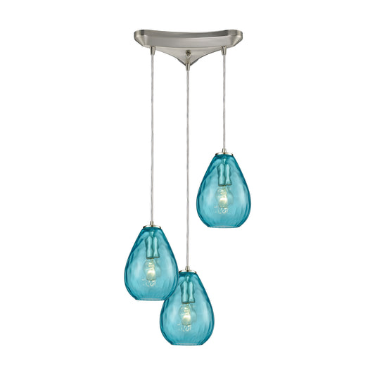 Lagoon 3-Light Triangular Pendant Fixture in Satin Nickel with Aqua Water Glass ELK Lighting | Pendant Lamps | Modishstore