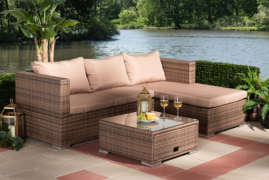 Baxton Studio Addison Modern and Contemporary Light Brown Upholstered and Brown Finished 3-Piece Woven Rattan Outdoor Patio Set with Adjustable Recliner | Modishstore | Outdoor Sofas, Loveseats & Sectionals
