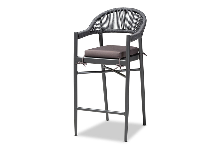 baxton studio wendell modern and contemporary grey finished rope and metal outdoor bar stool | Modish Furniture Store-2