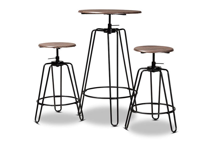 baxton studio veera vintage industrial rustic walnut finished wood and black metal 3 piece height adjustable bar pub set | Modish Furniture Store-2