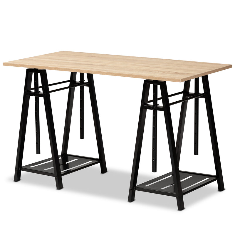 Baxton Studio Mary Modern and Industrial Light Oak Finished Wood and Black Metal Height Adjustable Desk | Desks | Modishstore