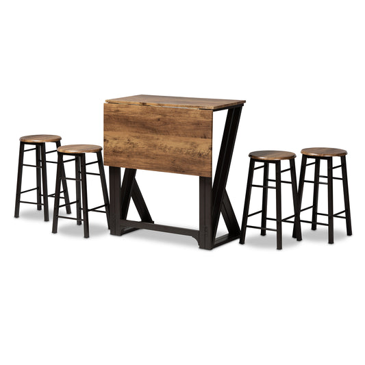 Baxton Studio Richard Industrial and Rustic Walnut Finished Wood and Black Metal 5-Piece Pub Set with Extendable Tabletop | Bar Stools & Table | Modishstore