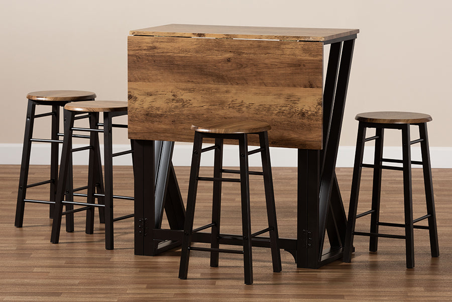 Baxton Studio Richard Industrial and Rustic Walnut Finished Wood and Black Metal 5-Piece Pub Set with Extendable Tabletop | Bar Stools & Table | Modishstore - 3