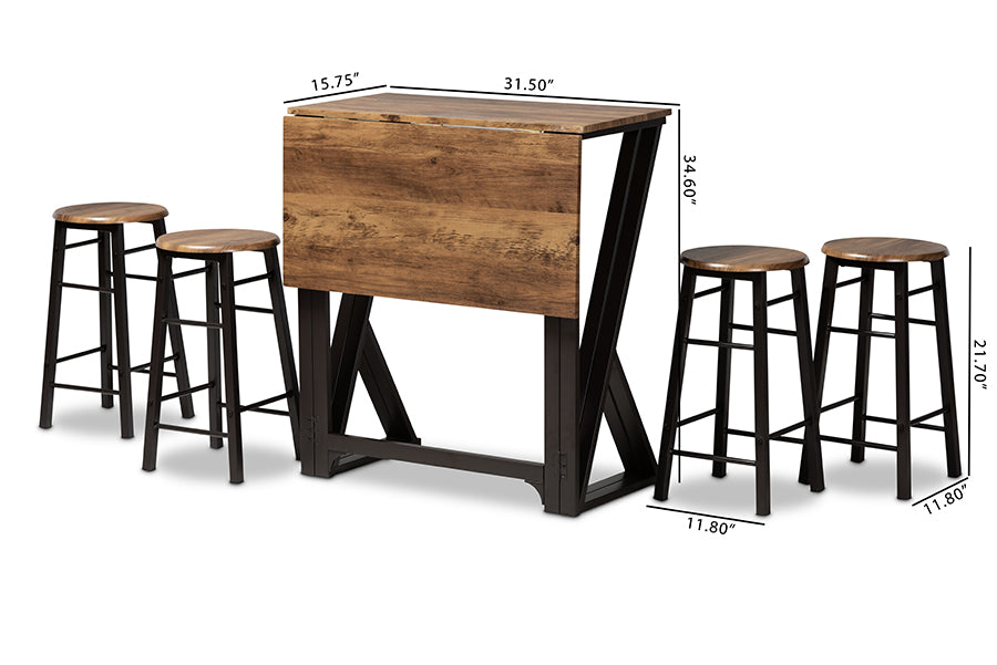 Baxton Studio Richard Industrial and Rustic Walnut Finished Wood and Black Metal 5-Piece Pub Set with Extendable Tabletop | Bar Stools & Table | Modishstore - 9