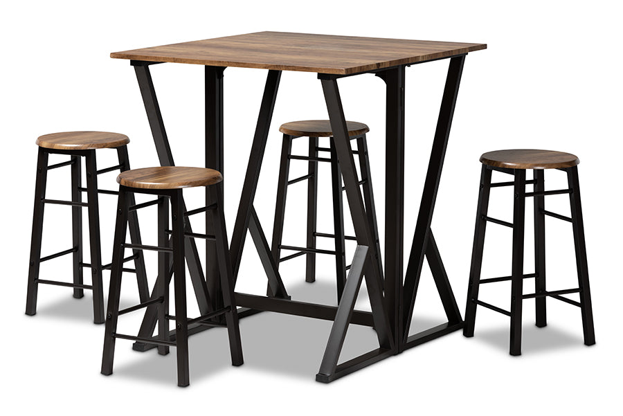 Baxton Studio Richard Industrial and Rustic Walnut Finished Wood and Black Metal 5-Piece Pub Set with Extendable Tabletop | Bar Stools & Table | Modishstore - 8