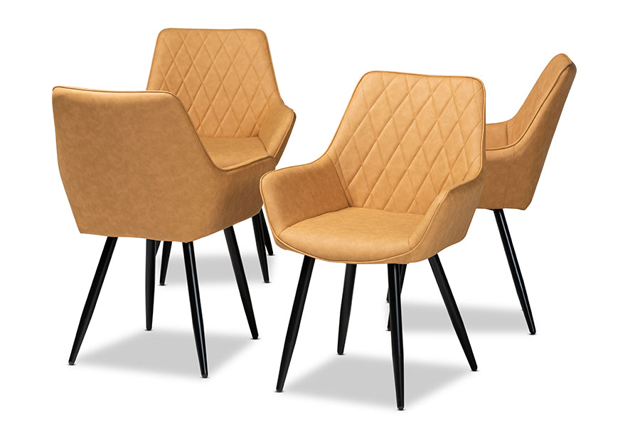 Baxton Studio Astrid Mid-Century Contemporary Tan Faux Leather Upholstered and Black Metal 4-Piece Dining Chair Set | Modishstore | Dining Chairs - 4