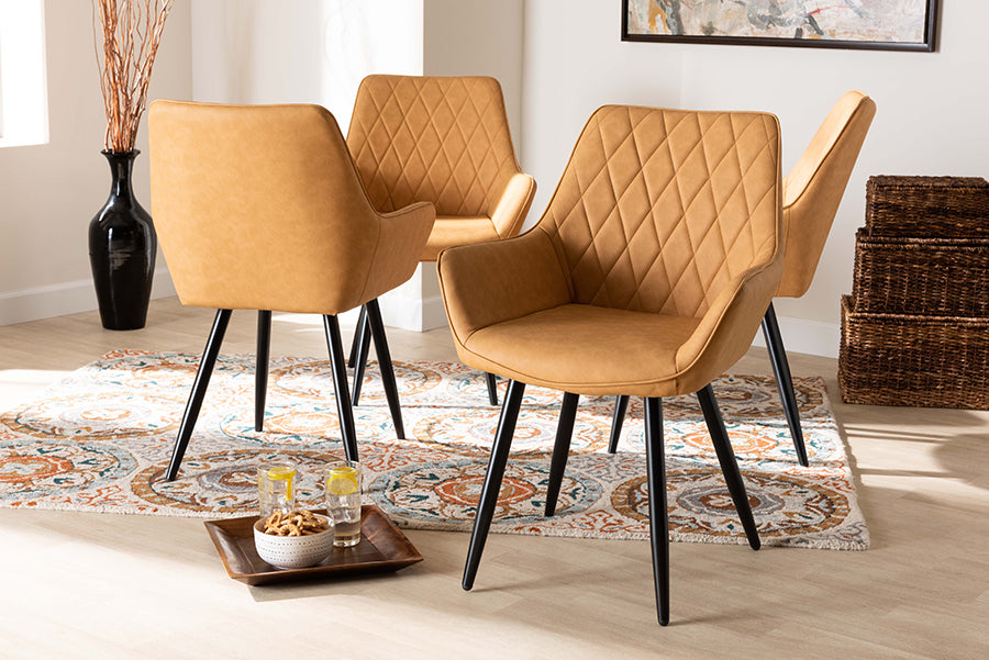 Baxton Studio Astrid Mid-Century Contemporary Tan Faux Leather Upholstered and Black Metal 4-Piece Dining Chair Set | Modishstore | Dining Chairs