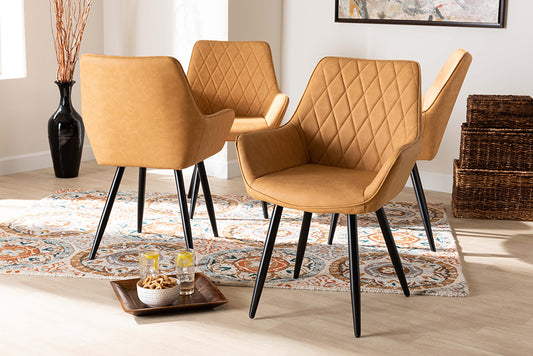 Baxton Studio Astrid Mid-Century Contemporary Tan Faux Leather Upholstered and Black Metal 4-Piece Dining Chair Set | Modishstore | Dining Chairs
