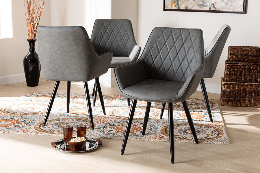 Baxton Studio Astrid Mid-Century Contemporary Grey Faux Leather Upholstered and Black Metal 4-Piece Dining Chair Set | Dining Chairs | Modishstore - 2