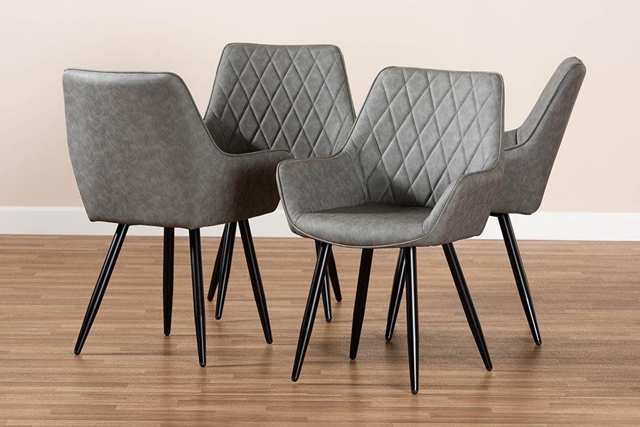 Baxton Studio Astrid Mid-Century Contemporary Grey Faux Leather Upholstered and Black Metal 4-Piece Dining Chair Set | Dining Chairs | Modishstore - 3