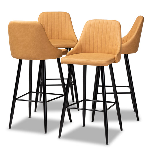 Baxton Studio Walter Mid-Century Contemporary Tan Faux Leather Upholstered and Black Metal 4-Piece Bar Stool Set | Bar Stools | Modishstore