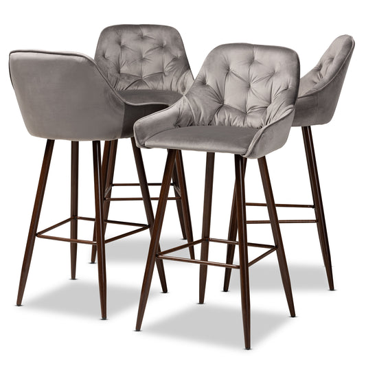 Baxton Studio Catherine Modern and Contemporary Grey Velvet Fabric Upholstered and Walnut Finished 4-Piece Bar Stool Set | Bar Stools | Modishstore