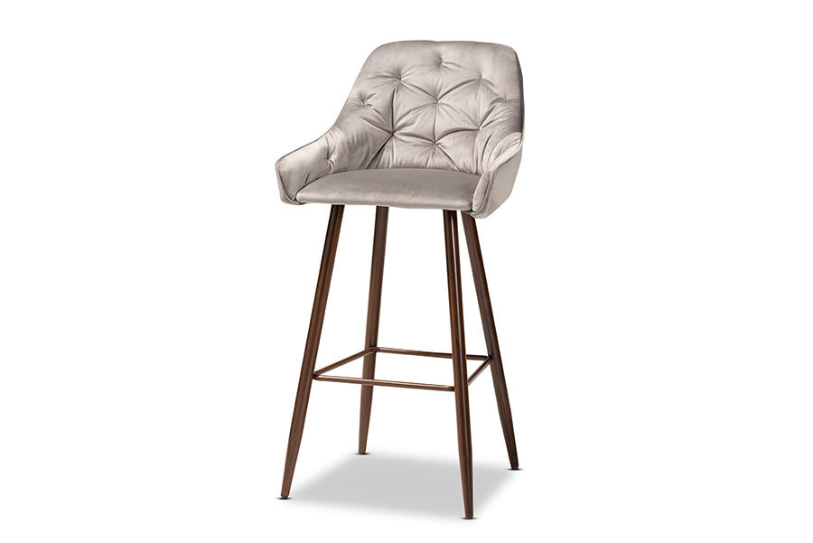 Baxton Studio Catherine Modern and Contemporary Grey Velvet Fabric Upholstered and Walnut Finished 4-Piece Bar Stool Set | Bar Stools | Modishstore - 4