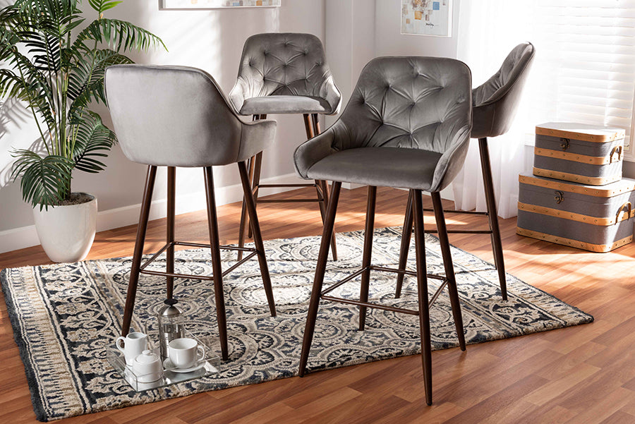 Baxton Studio Catherine Modern and Contemporary Grey Velvet Fabric Upholstered and Walnut Finished 4-Piece Bar Stool Set | Bar Stools | Modishstore - 2