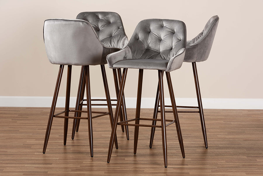Baxton Studio Catherine Modern and Contemporary Grey Velvet Fabric Upholstered and Walnut Finished 4-Piece Bar Stool Set | Bar Stools | Modishstore - 3
