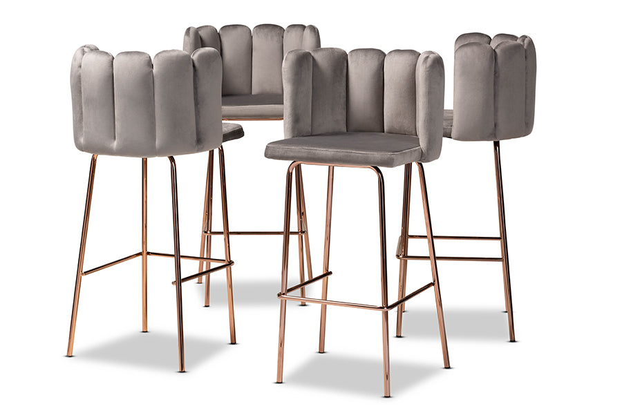 baxton studio kaelin luxe and glam grey velvet fabric upholstered and rose gold finished 4 piece bar stool set | Modish Furniture Store-2