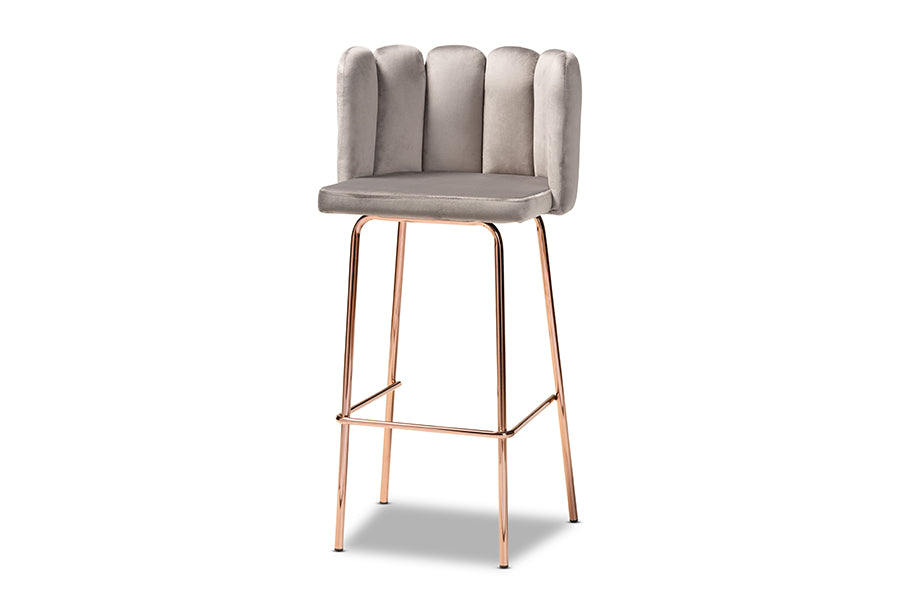 baxton studio kaelin luxe and glam grey velvet fabric upholstered and rose gold finished 4 piece bar stool set | Modish Furniture Store-3