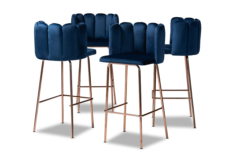 baxton studio kaelin luxe and glam navy blue velvet fabric upholstered and rose gold finished 4 piece bar stool set | Modish Furniture Store-2