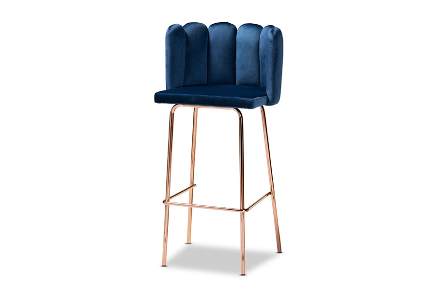 baxton studio kaelin luxe and glam navy blue velvet fabric upholstered and rose gold finished 4 piece bar stool set | Modish Furniture Store-3