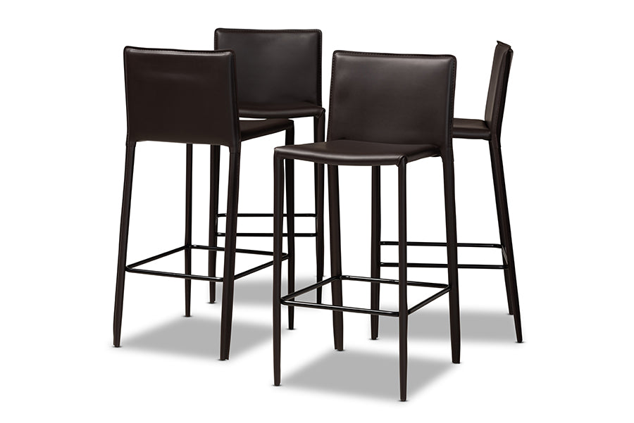 baxton studio malcom modern and contemporary brown faux leather upholstered 4 piece bar stool | Modish Furniture Store-2