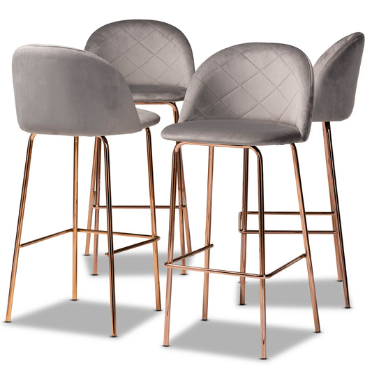 Baxton Studio Addie Luxe and Glam Grey Velvet Fabric Upholstered and Rose Gold Finished 4-Piece Bar Stool Set | Bar Stools | Modishstore