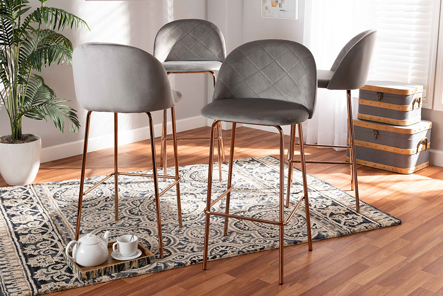 Baxton Studio Addie Luxe and Glam Grey Velvet Fabric Upholstered and Rose Gold Finished 4-Piece Bar Stool Set | Bar Stools | Modishstore - 2