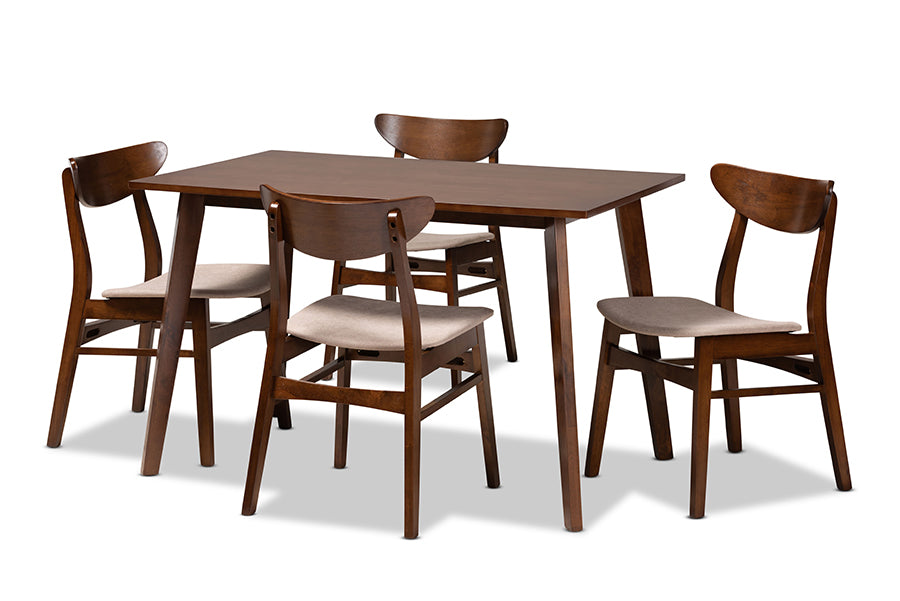 baxton studio orion mid century modern transitional light beige fabric upholstered and walnut brown finished wood 5 piece dining set | Modish Furniture Store-2