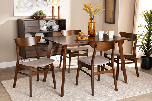 Baxton Studio Orion Mid-Century Modern Transitional Light Beige Fabric Upholstered and Walnut Brown Finished Wood 5-Piece Dining Set | Modishstore | Dining Sets