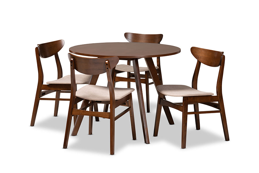 baxton studio philip mid century modern transitional light beige fabric upholstered and walnut brown finished wood 5 piece dining set | Modish Furniture Store-2