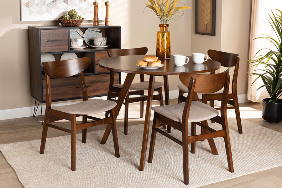 Baxton Studio Philip Mid-Century Modern Transitional Light Beige Fabric Upholstered and Walnut Brown Finished Wood 5-Piece Dining Set | Modishstore | Dining Sets