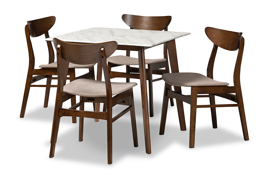 baxton studio paras mid century modern transitional light beige fabric upholstered and walnut brown finished wood 5 piece dining set with faux marble dining table | Modish Furniture Store-2