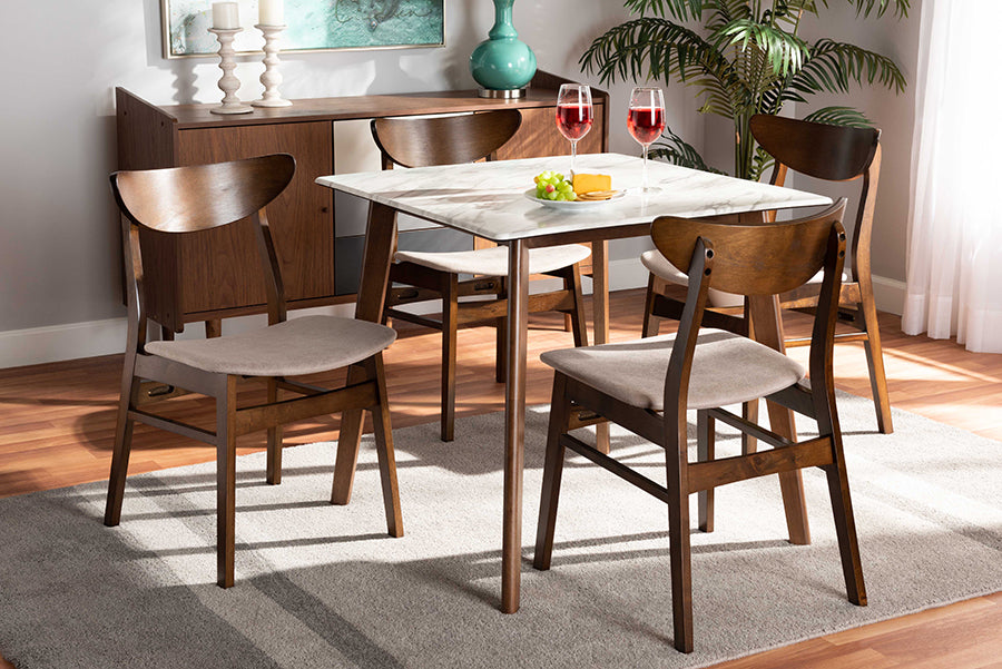 Baxton Studio Paras Mid-Century Modern Transitional Light Beige Fabric Upholstered and Walnut Brown Finished Wood 5-Piece Dining Set with Faux Marble Dining Table | Modishstore | Dining Sets