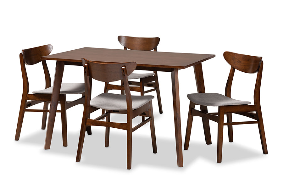 baxton studio orion mid century modern transitional light grey fabric upholstered and walnut brown finished wood 5 piece dining set | Modish Furniture Store-2
