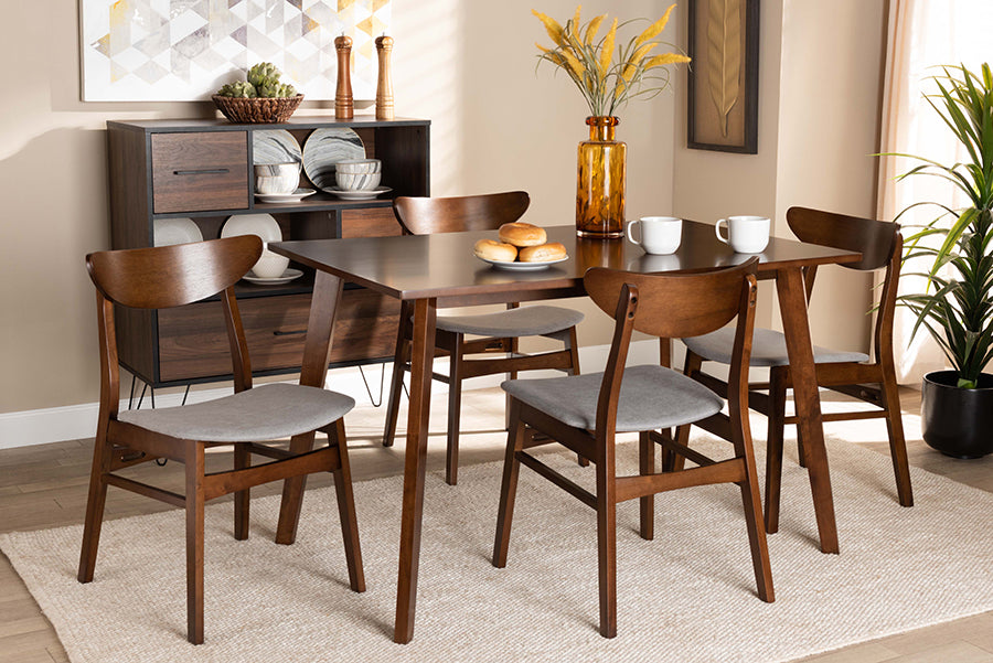 Baxton Studio Orion Mid-Century Modern Transitional Light Grey Fabric Upholstered and Walnut Brown Finished Wood 5-Piece Dining Set | Modishstore | Dining Sets
