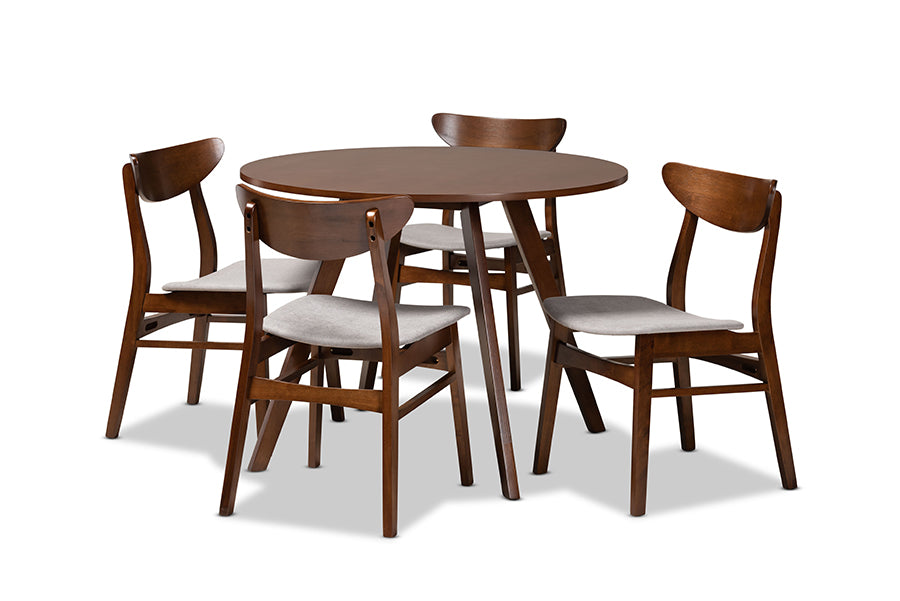 baxton studio philip mid century modern transitional light grey fabric upholstered and walnut brown finished wood 5 piece dining set | Modish Furniture Store-2