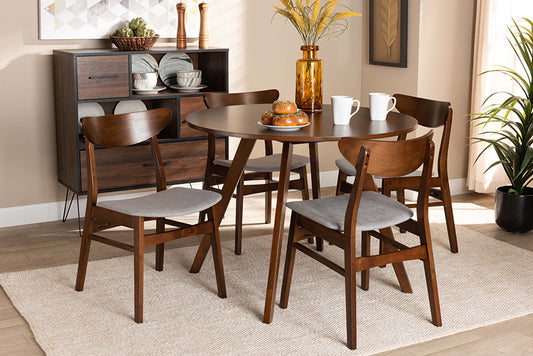 Baxton Studio Philip Mid-Century Modern Transitional Light Grey Fabric Upholstered and Walnut Brown Finished Wood 5-Piece Dining Set | Modishstore | Dining Sets