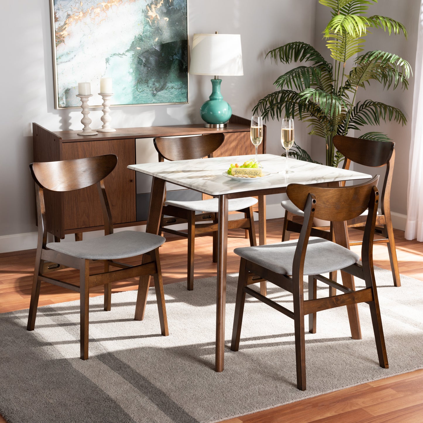 Baxton Studio Paras Mid-Century Modern Transitional Light Grey Fabric Upholstered And Walnut Brown Finished Wood 5-Piece Dining Set With Faux Marble Dining Table | Dining Sets | Modishstore
