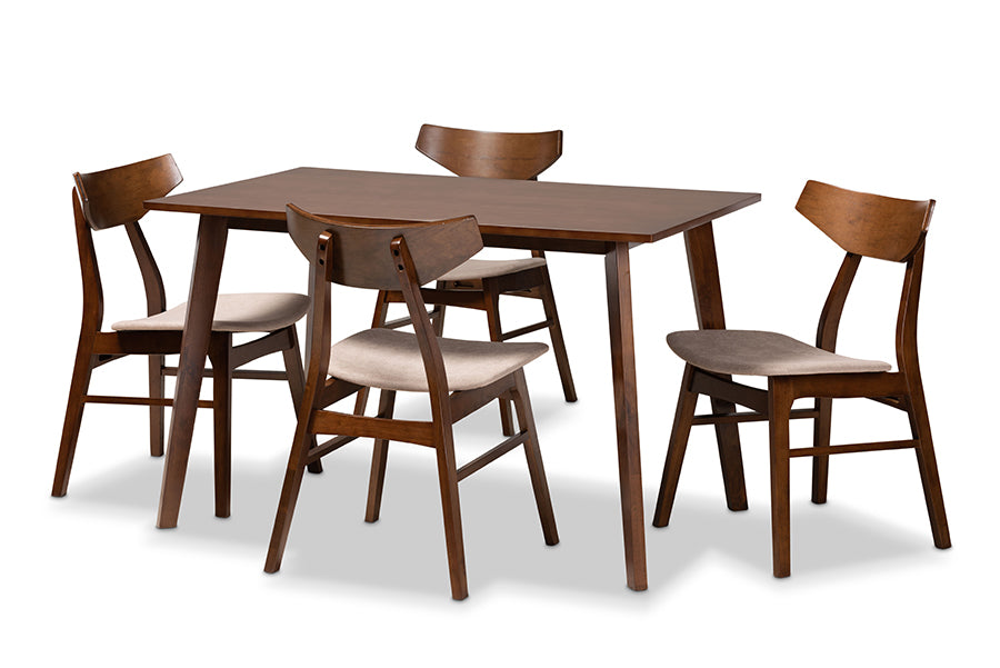 baxton studio lois mid century modern transitional light beige fabric upholstered and walnut brown finished wood 5 piece dining set | Modish Furniture Store-2