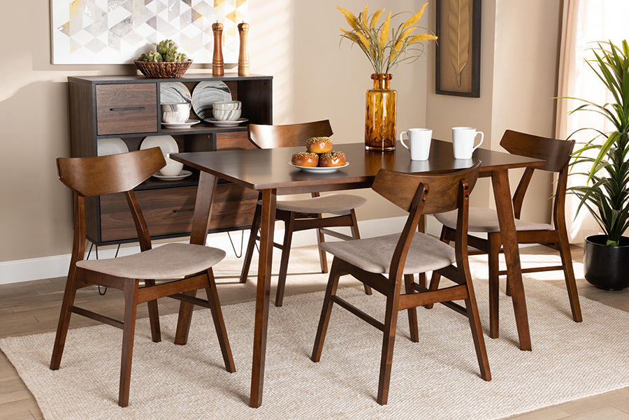 Baxton Studio Lois Mid-Century Modern Transitional Light Beige Fabric Upholstered and Walnut Brown Finished Wood 5-Piece Dining Set | Modishstore | Dining Sets