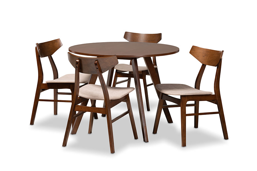 baxton studio timothy mid century modern transitional light beige fabric upholstered and walnut brown finished wood 5 piece dining set | Modish Furniture Store-2