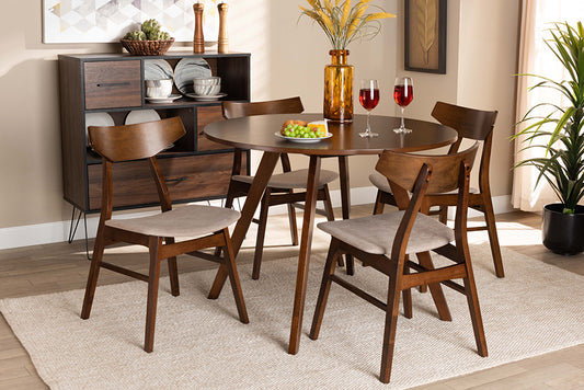 Baxton Studio Timothy Mid-Century Modern Transitional Light Beige Fabric Upholstered and Walnut Brown Finished Wood 5-Piece Dining Set | Modishstore | Dining Sets